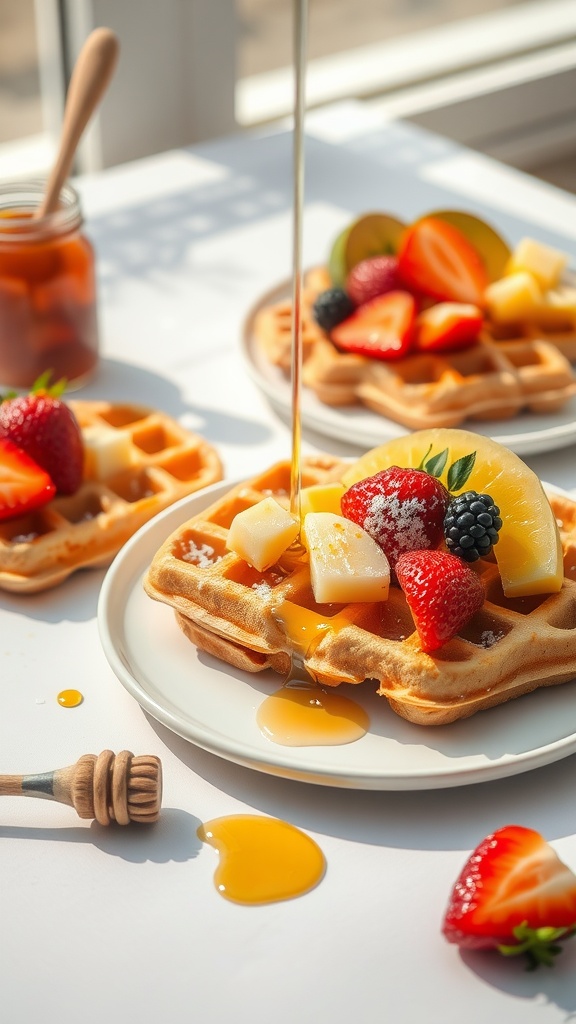 Delicious coconut flour waffles topped with fresh fruits and syrup.