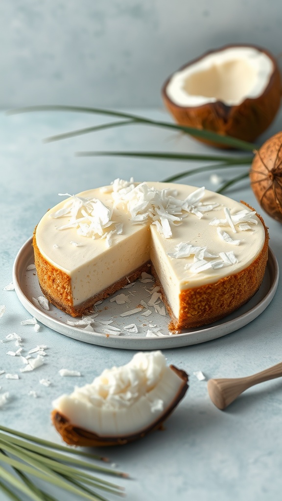 A delicious coconut keto cheesecake with shredded coconut on top.