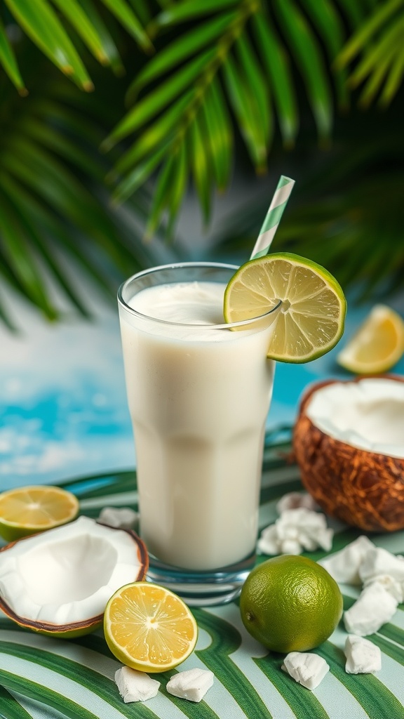 A refreshing coconut lime smoothie with a slice of lime, surrounded by coconut and lime slices.