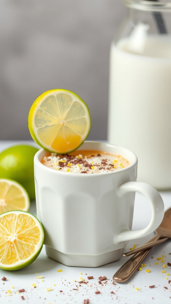 A coconut lime keto mug cake in a white mug, garnished with a slice of lime, surrounded by fresh limes and a jar of milk.