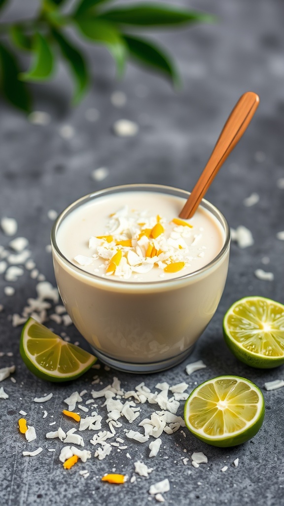 A coconut lime smoothie bowl garnished with lime slices and coconut flakes