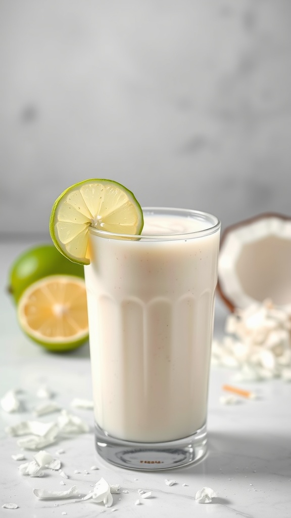 A refreshing coconut lime smoothie in a glass with a slice of lime on the rim.