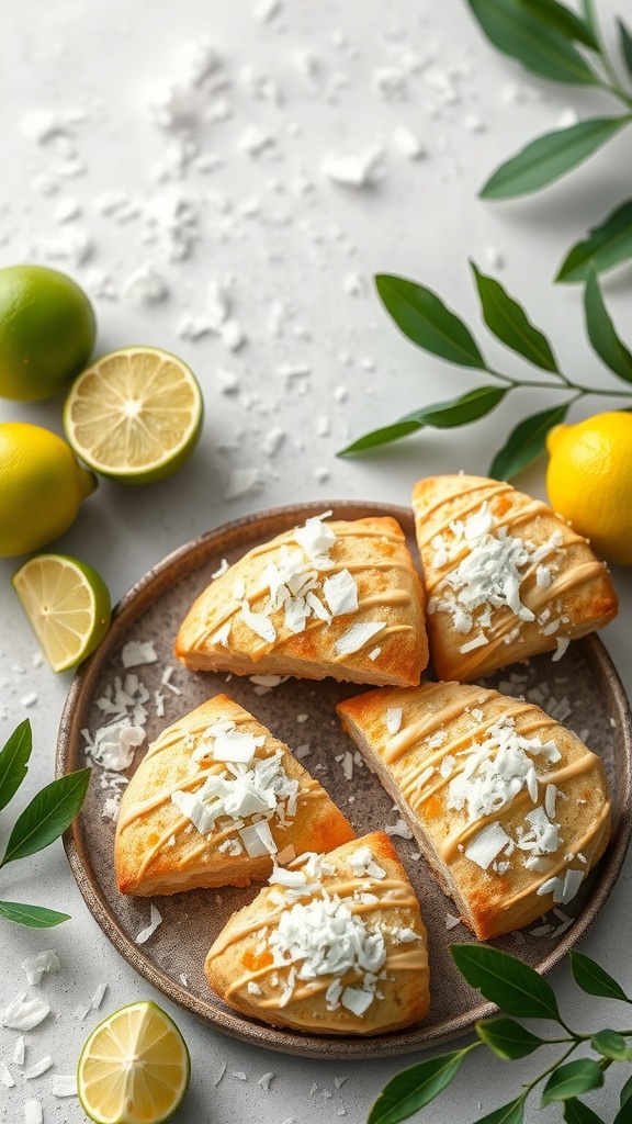 Delicious coconut lime scones topped with coconut flakes and lime slices.