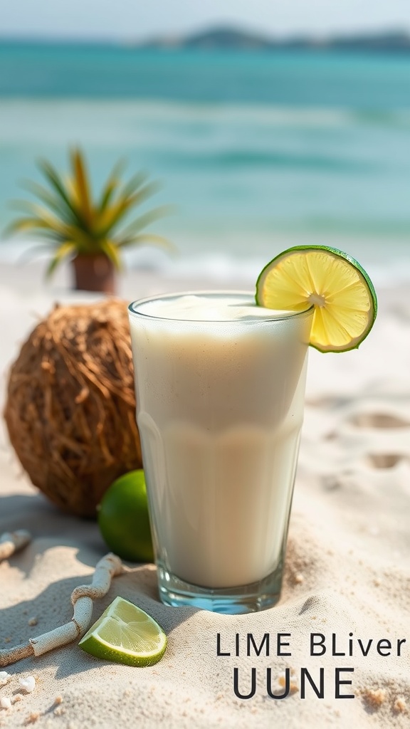 Glass of coconut lime smoothie on a sandy beach