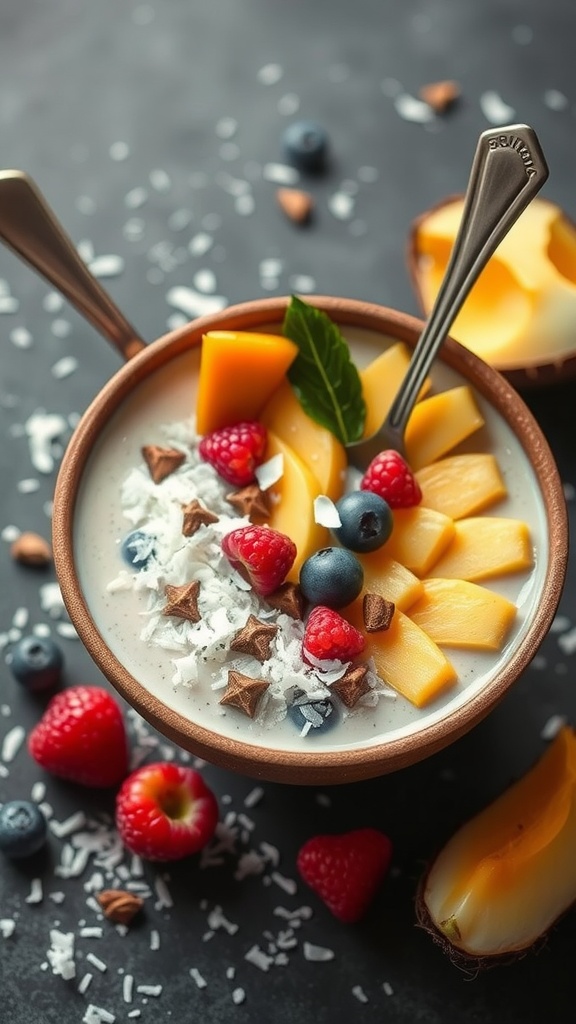 Coconut Maca Smoothie Bowl topped with fresh fruits and coconut.