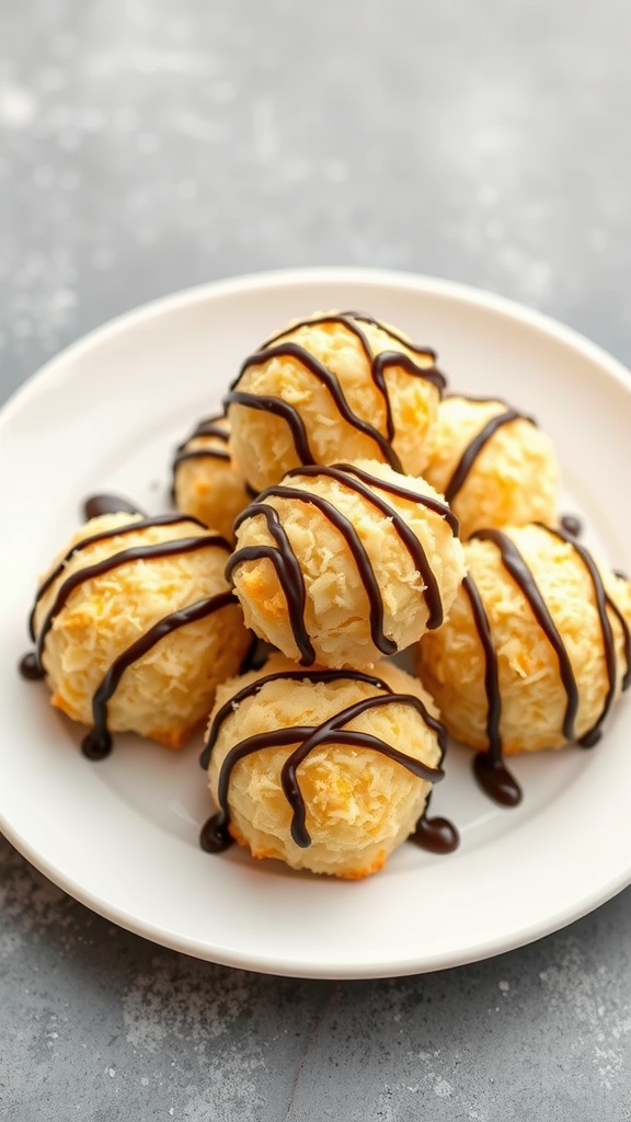 Coconut macaroons with dark chocolate drizzle on a plate.