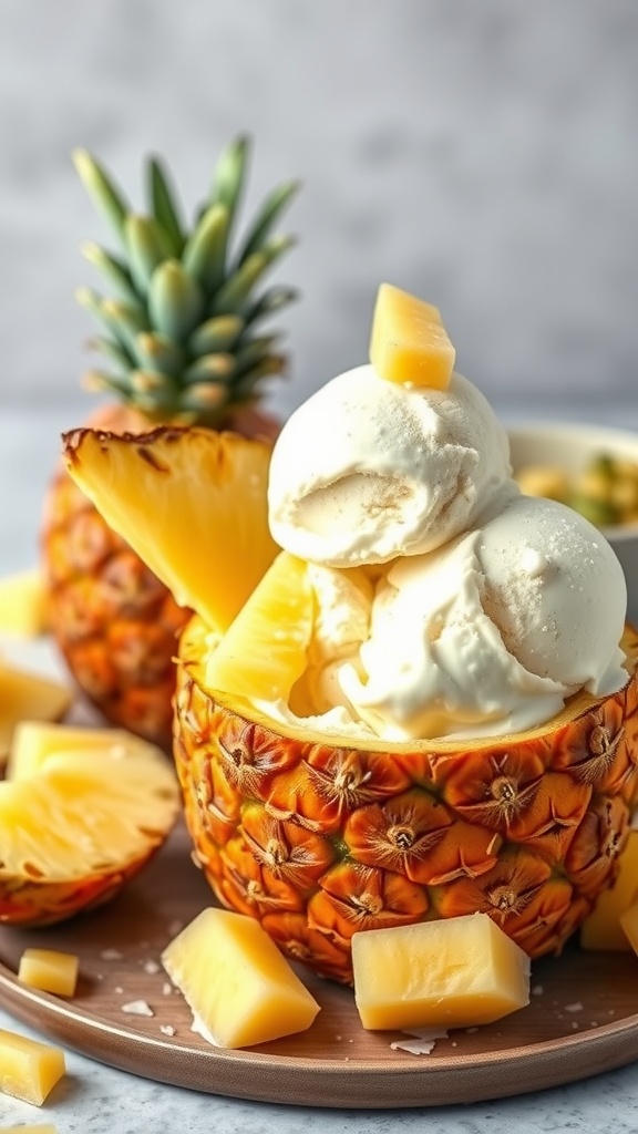 A bowl of Coconut Pineapple Keto Ice Cream with fresh pineapple pieces.