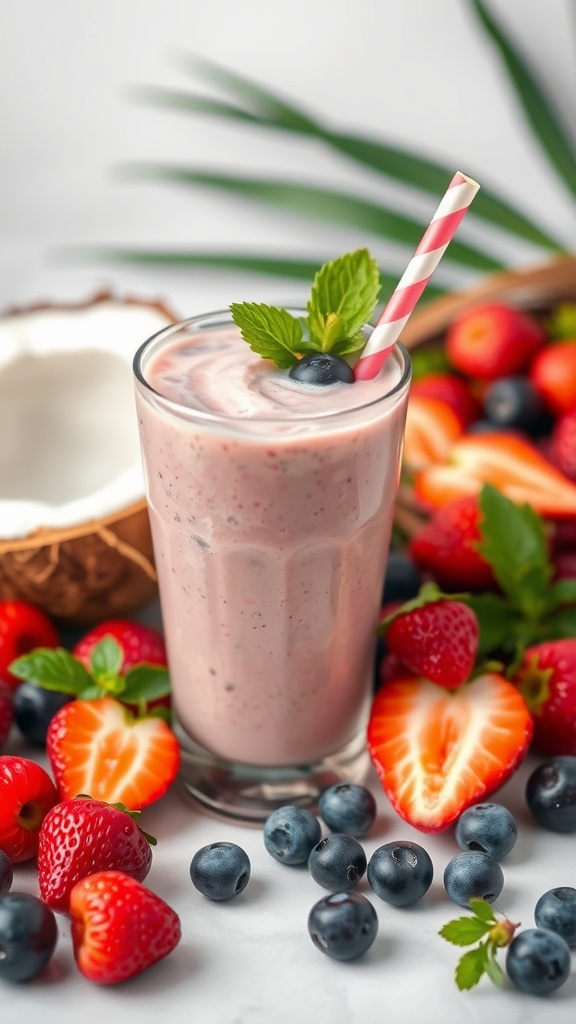 Coconut water and berry smoothie served in a glass with a straw, surrounded by fresh berries.