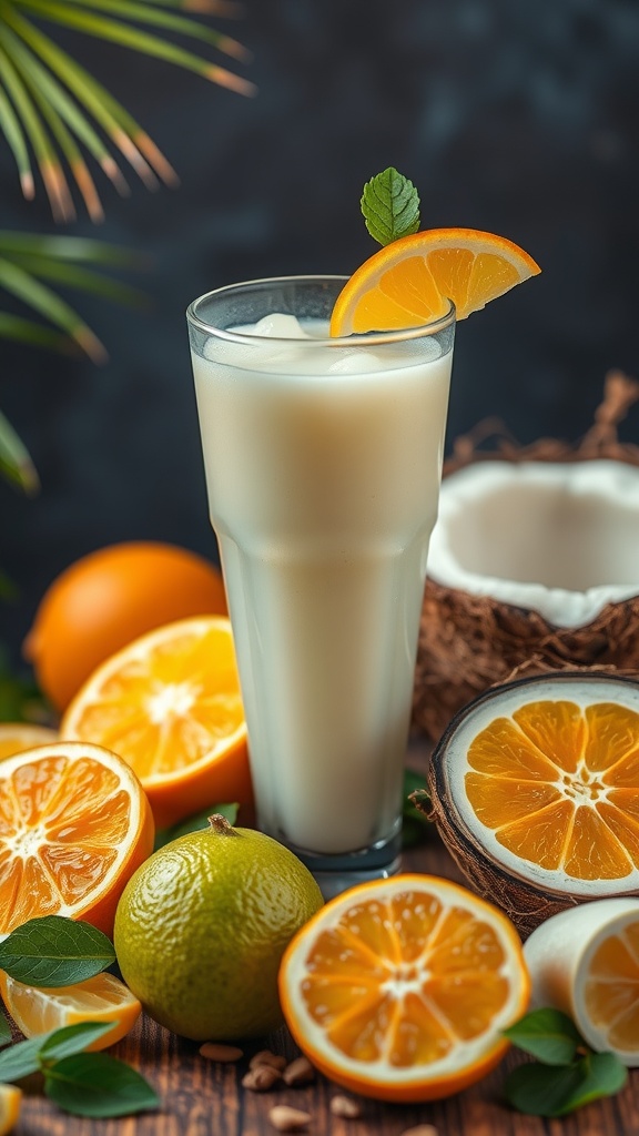 A refreshing glass of coconut water and citrus smoothie surrounded by fresh oranges and limes.