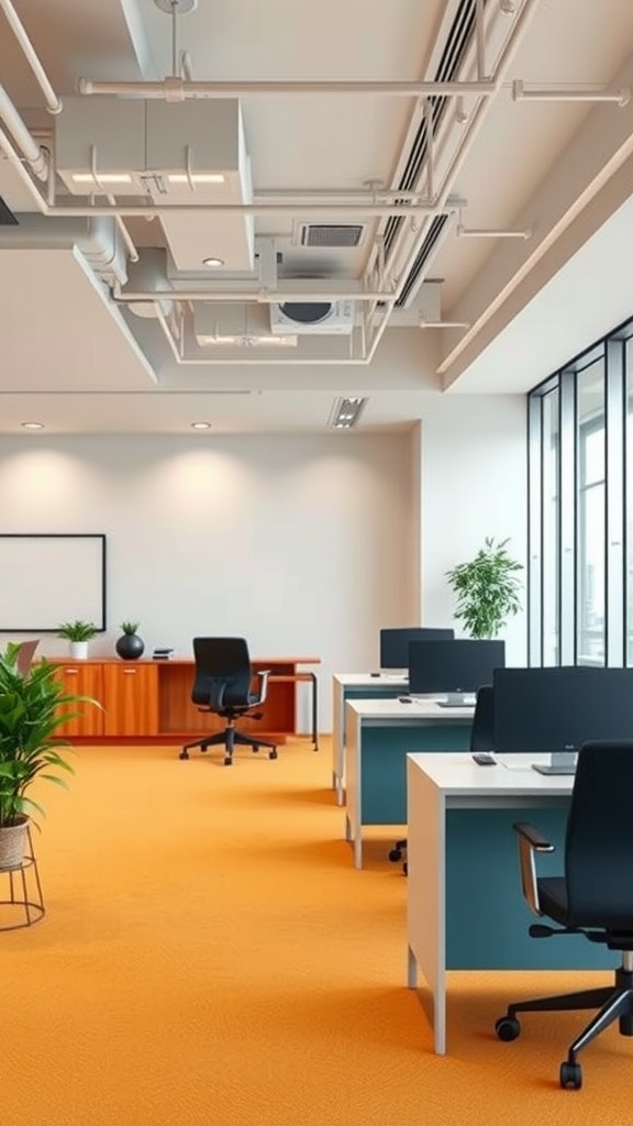 Modern office interior featuring a cohesive color scheme with warm and cool tones.