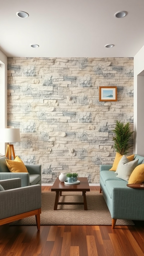 Cozy living room with stone wall, soft furnishings, and warm decor.