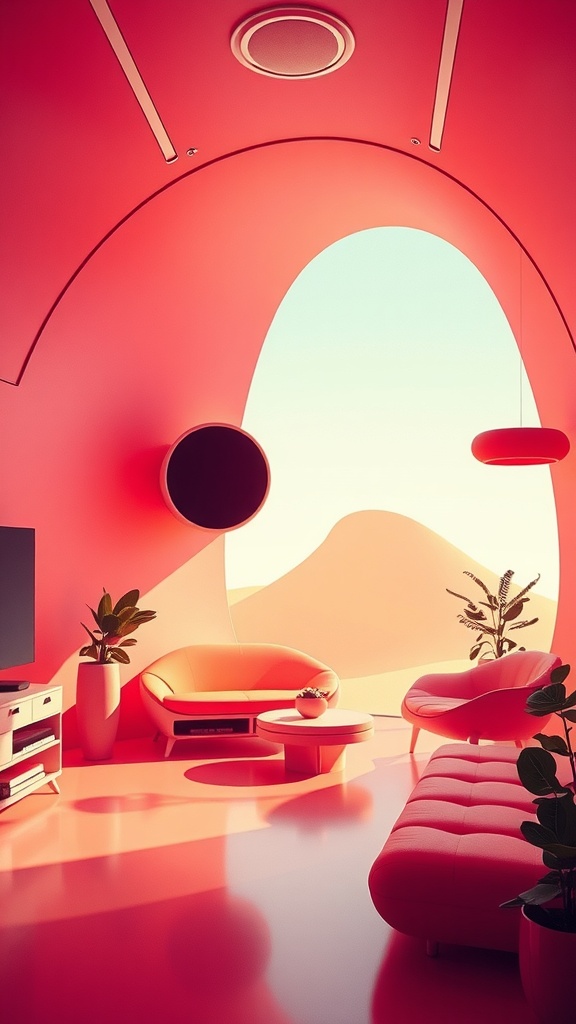 A retro futurism interior featuring warm pink tones, curved furniture, and a bright window view.