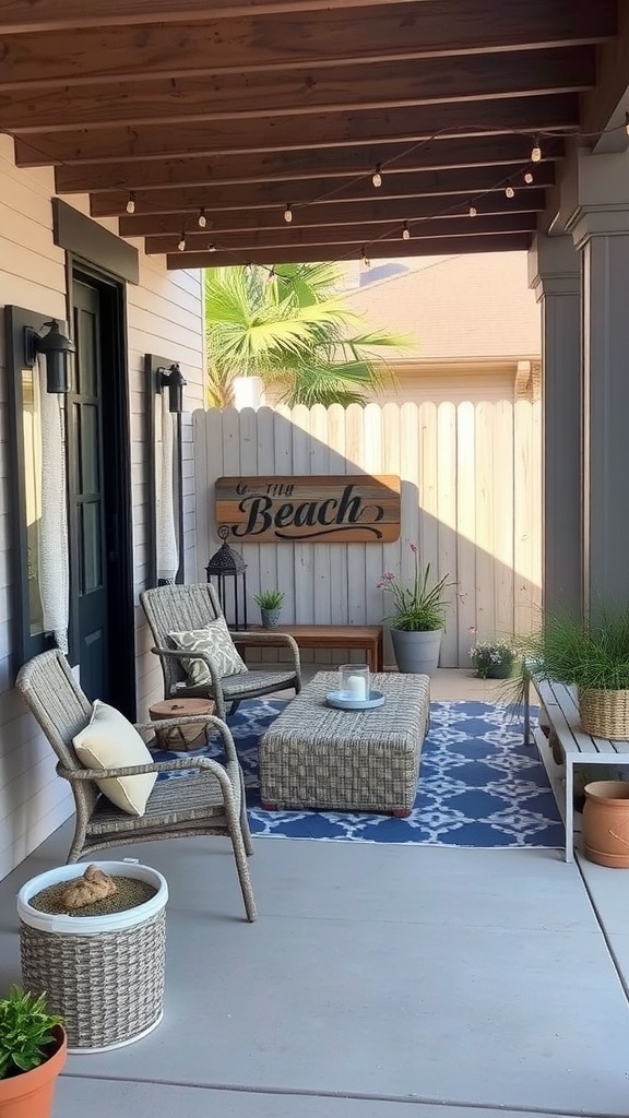 A small patio with comfortable seating, plants, and a beach-themed sign.