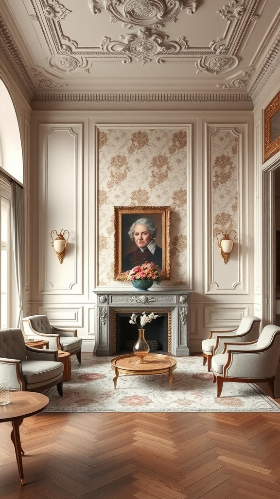 Neoclassical living room with elegant wall treatments and classic decor.