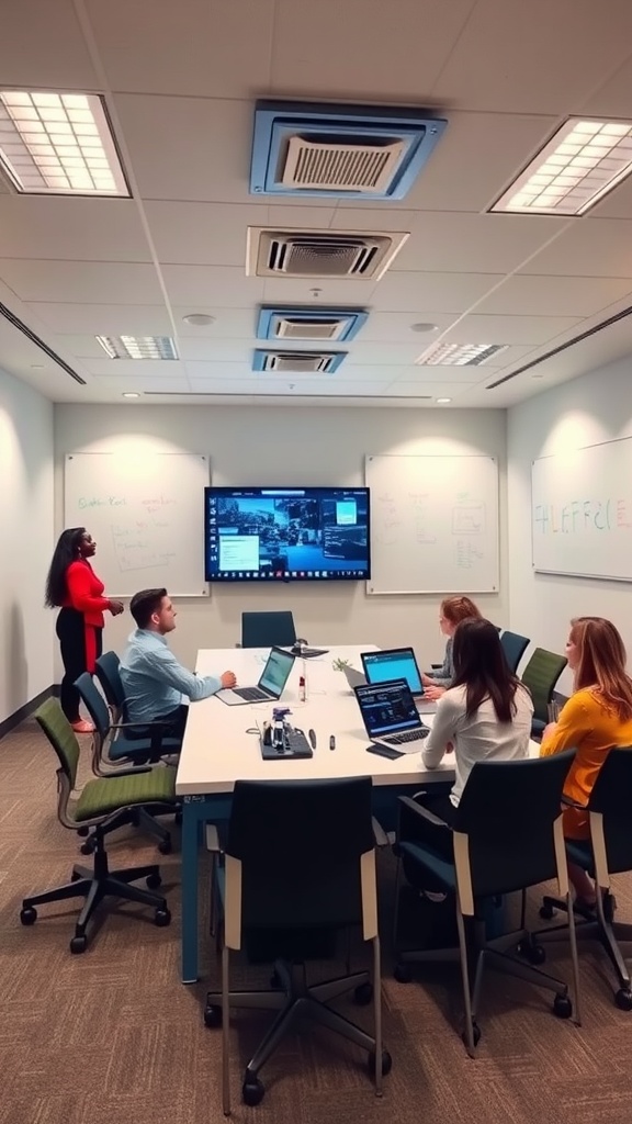 A modern office meeting room with a large screen, whiteboards, and people collaborating.