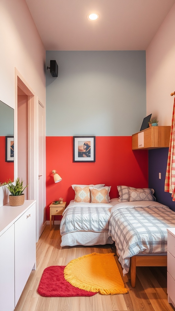 Small bedroom featuring color-blocked walls with blue, red, and purple sections.