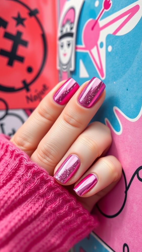A hand with pink chrome nails showcasing a shiny, colorful design.