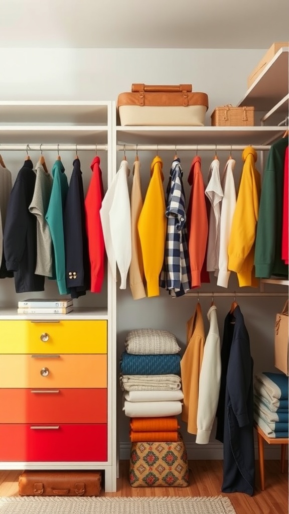 A neatly organized wardrobe with clothes arranged by color and neatly folded items.
