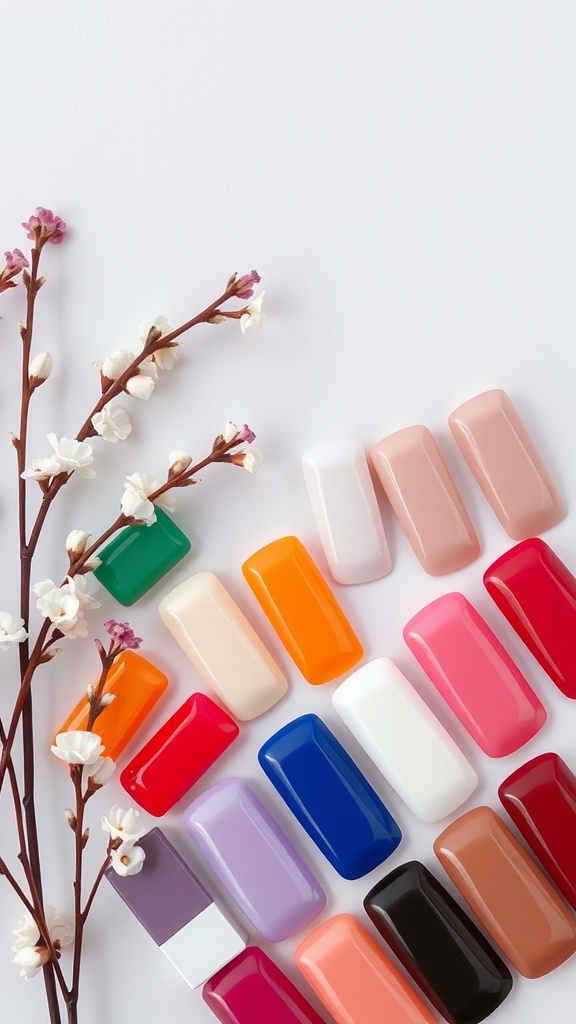 A variety of square acrylic nail tips in different colors next to small flowers.