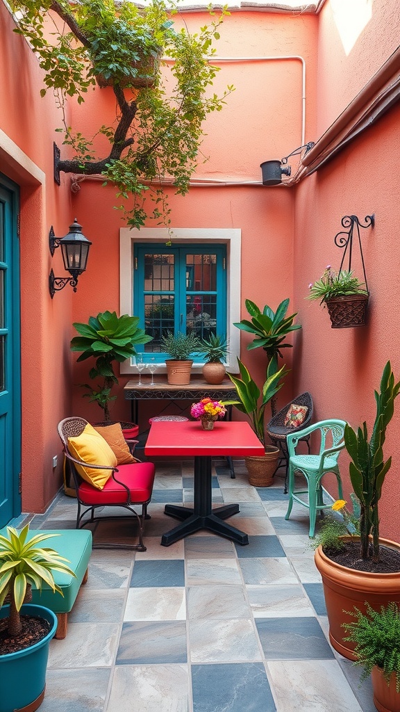A small patio with colorful furniture, plants, and a bright wall.