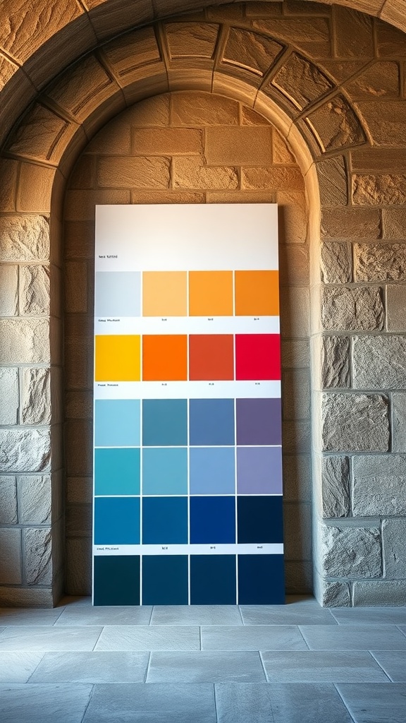 A color palette displayed against a stone wall interior, showcasing various warm and cool tones.
