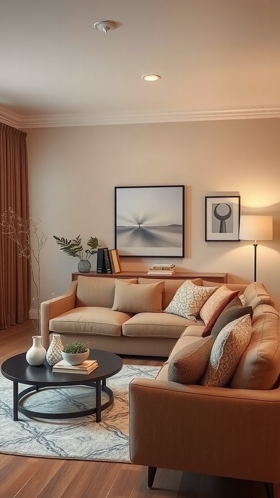 Cozy living room with beige and brown color palette, featuring a sectional sofa, round coffee table, and decorative elements.
