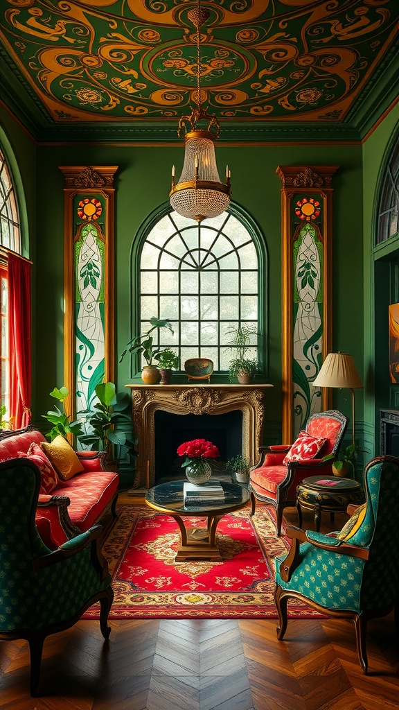 Art Nouveau living room with intricate ceiling design and rich color palette