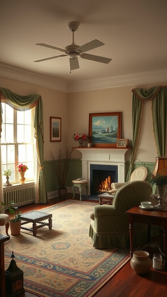 A cozy colonial chic living room with natural color palettes, featuring green curtains, a wooden floor, and a fireplace.