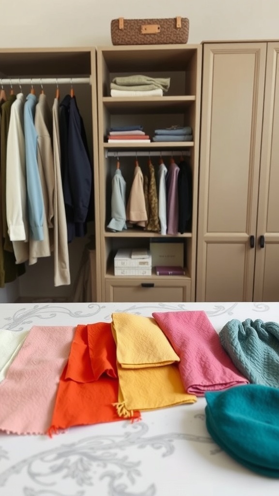 An organized wardrobe with a variety of colorful fabrics laid out on a table.
