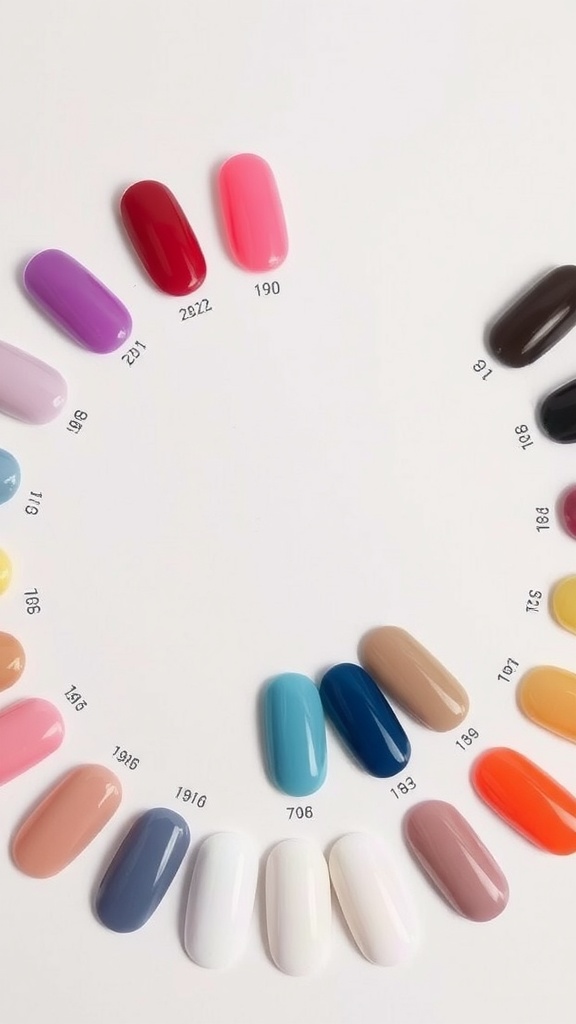 A variety of nail polish colors displayed on oval nail shapes.