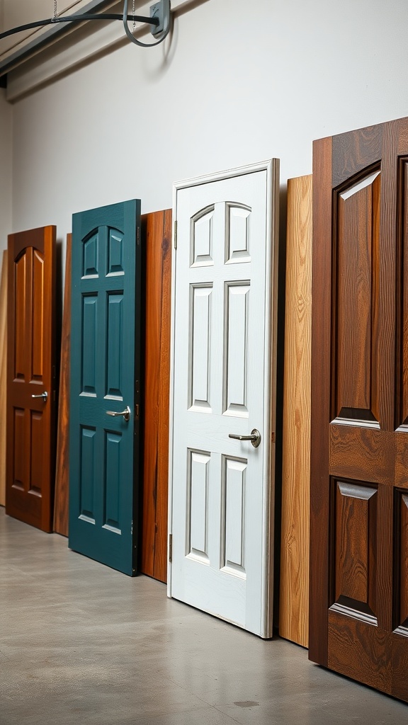 Different wood doors in various colors arranged in a display.