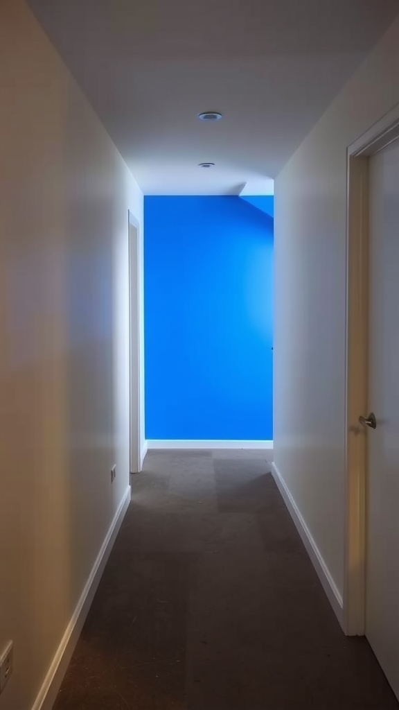 A hallway with a bright blue accent wall contrasting with white walls.