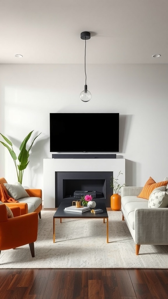 Living room with colorful accessories including orange chairs and decorative plants