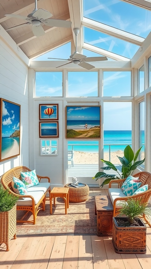 A cozy beach house interior featuring colorful artwork and a view of the ocean.