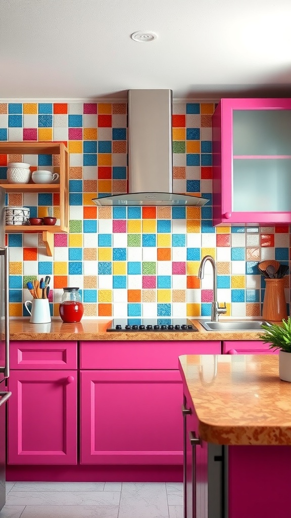 A vibrant kitchen featuring colorful tiles and pink cabinetry.