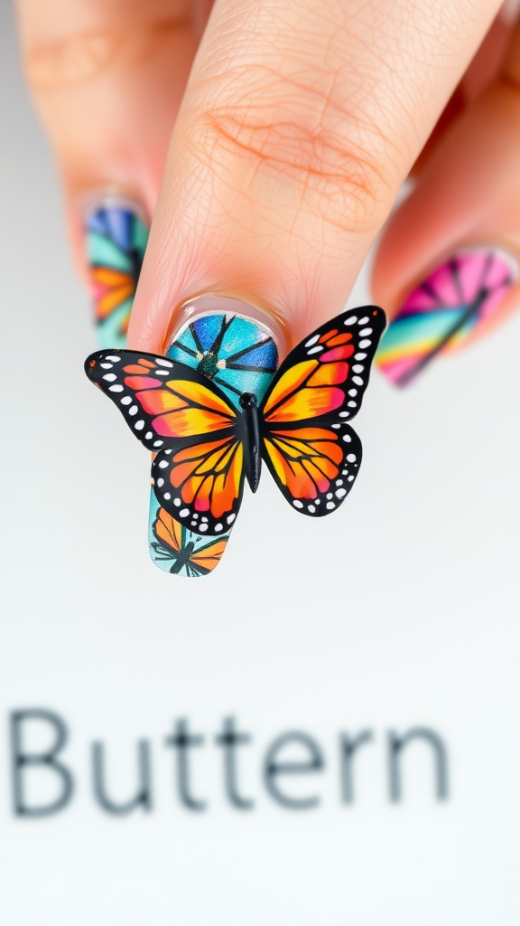 A close-up of colorful butterfly nail art featuring vibrant designs.