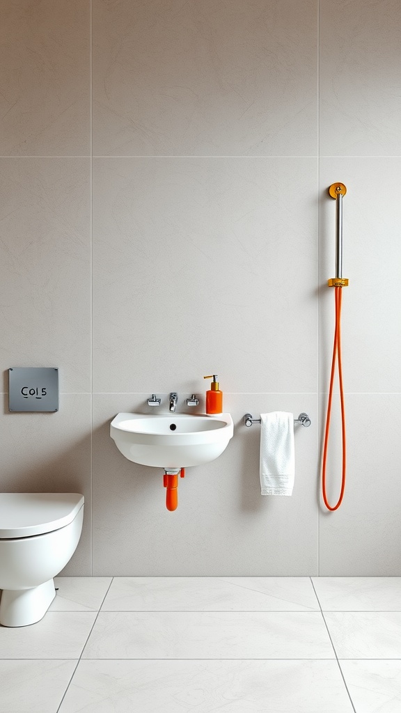 Modern bathroom interior featuring colorful fixtures and hardware.