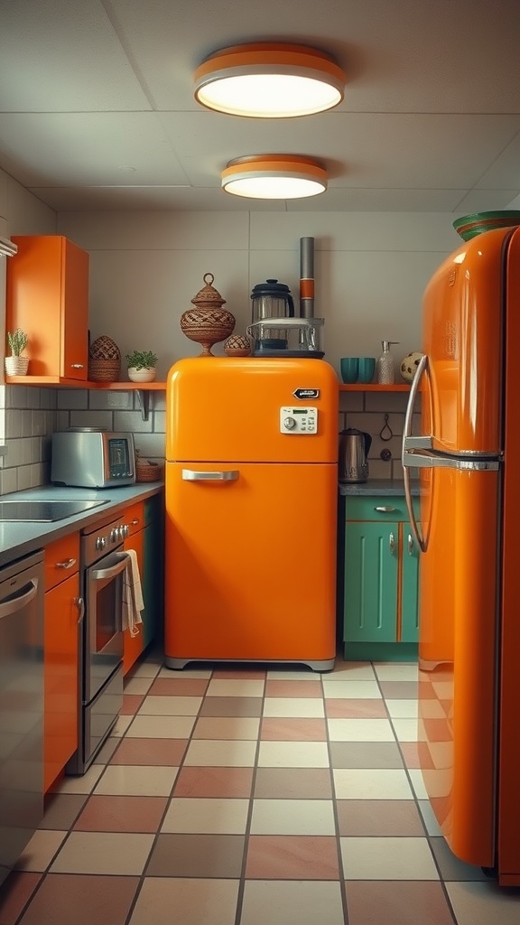 A vibrant 70s kitchen featuring bright orange appliances and green cabinets.