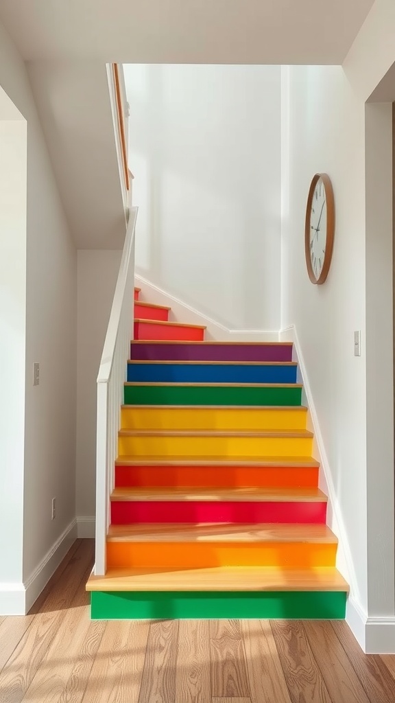 Colorful painted stairs with different vibrant colors leading up a hallway.