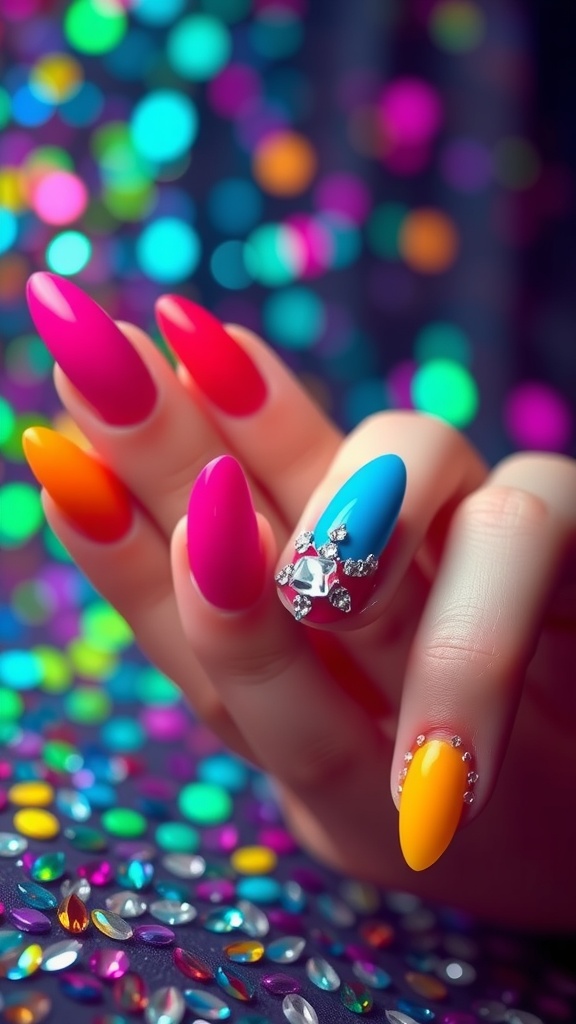 Colorful nails with rhinestones, featuring pink, orange, blue, and yellow colors.