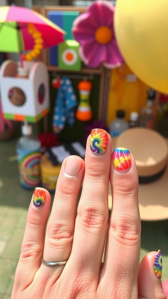 Colorful tie-dye nail art with vibrant swirls on natural nails.