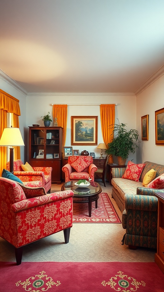 A cozy living room featuring 70s style colorful upholstery fabrics with red and blue patterns.