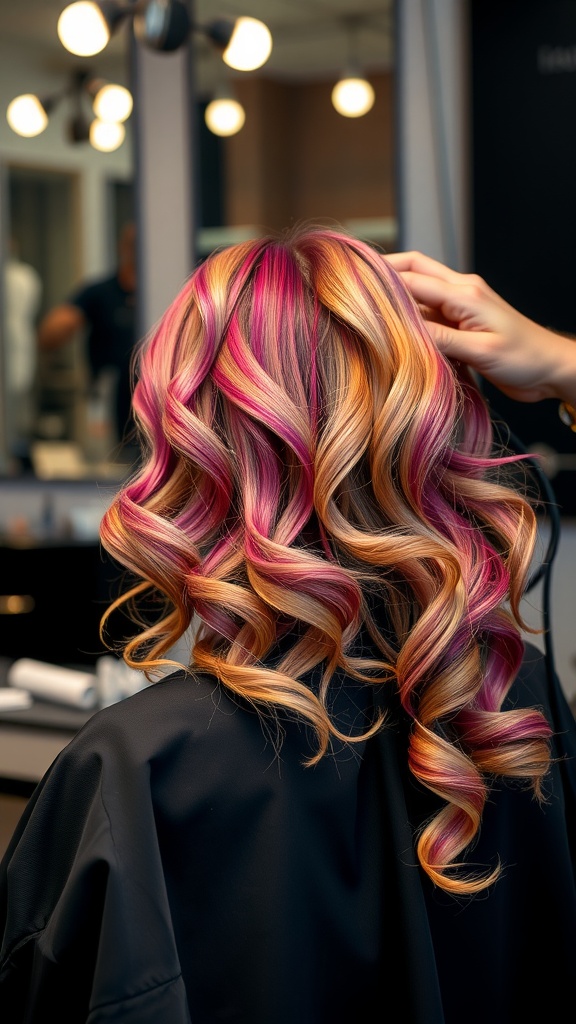 A view of vibrant, colored French curls with pink and blonde highlights.