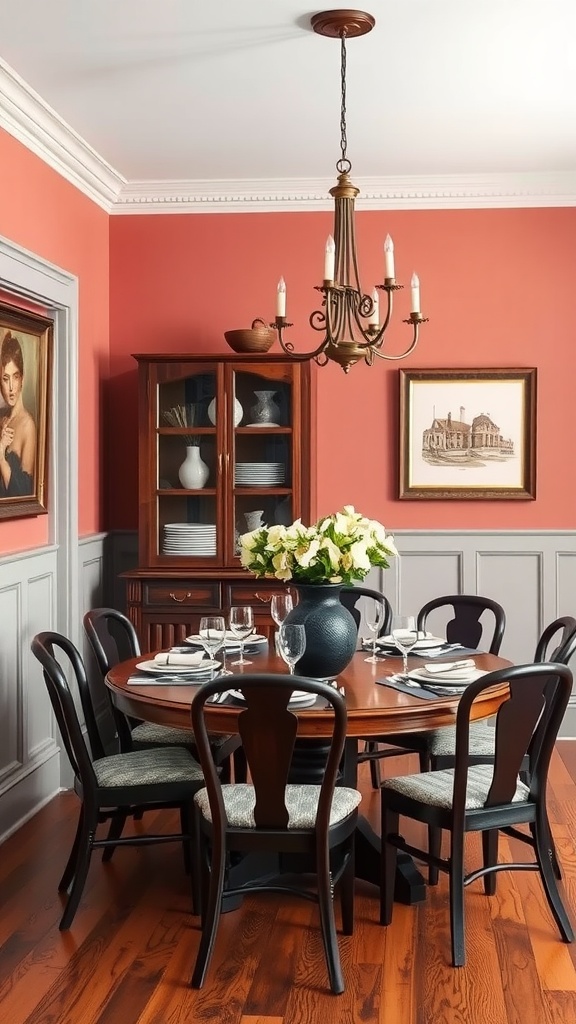 A colonial style dining room with earthy tones and classic furniture.
