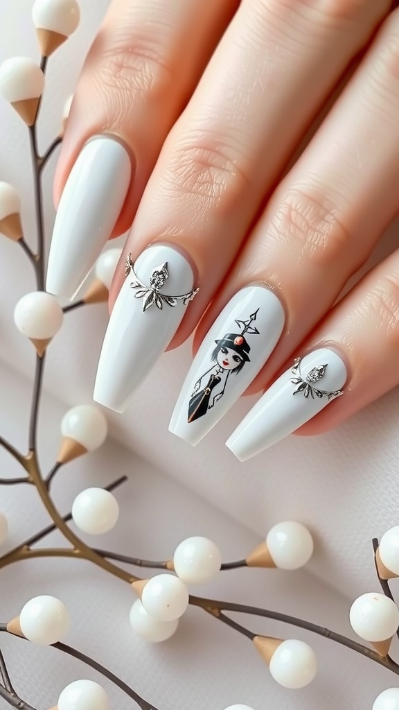 A close-up of a hand with white chrome nails featuring intricate designs.