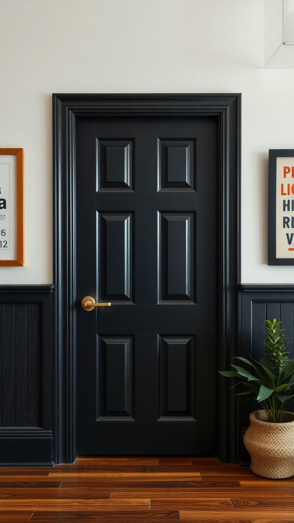 Interior view featuring a black door, wood accents, and decorative elements