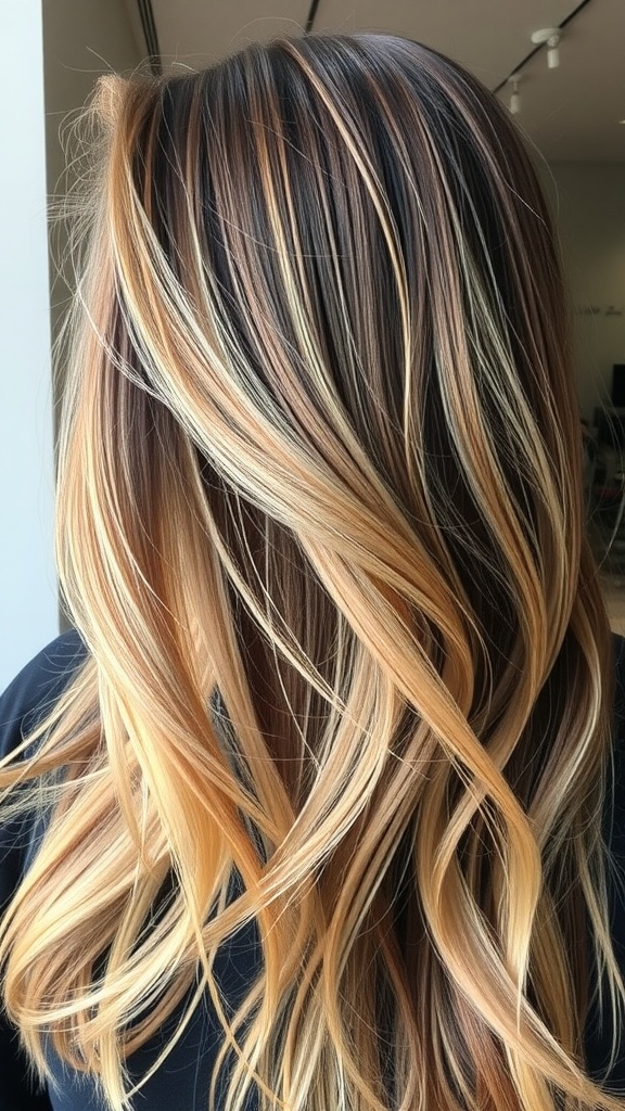 A close-up of hair showcasing a blend of bronde with highlights and lowlights.