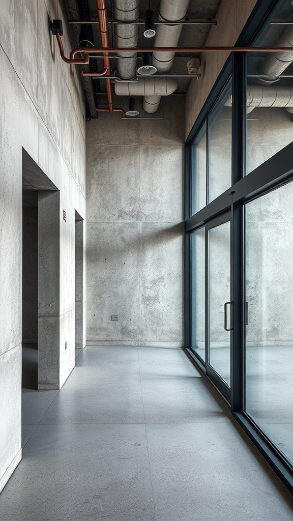 Interior view showcasing concrete walls and large glass windows.