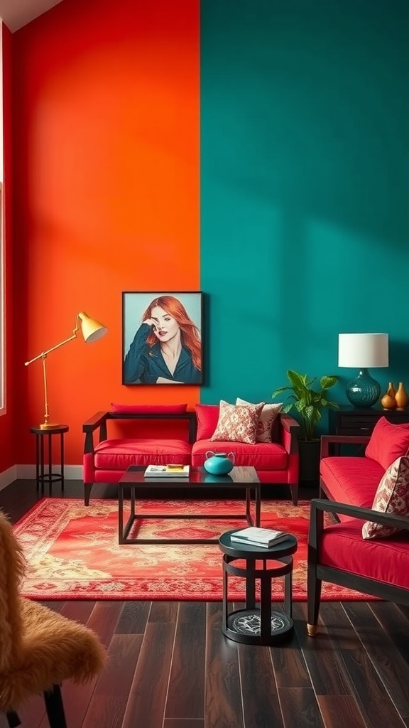 A living room with dark wood flooring, bright orange and teal walls, and red furniture.