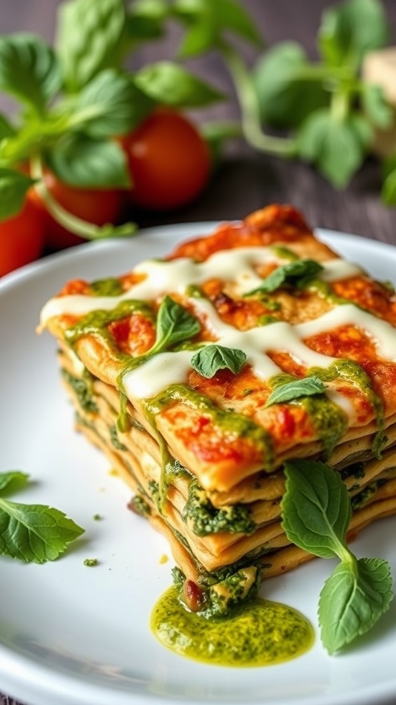 A delicious keto lasagna with layers of zucchini, pesto, and cheese.